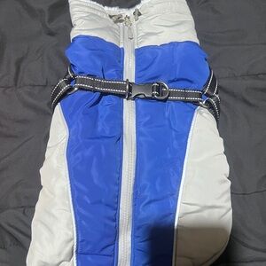 Blue and White Dog Jacket with Harness